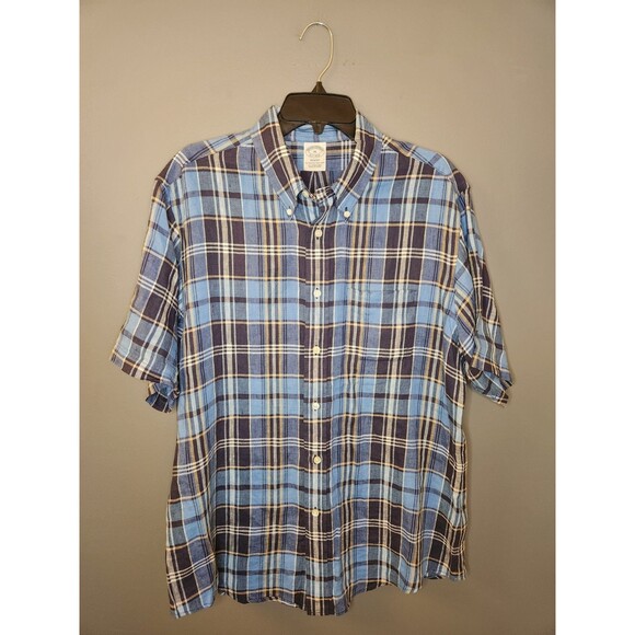 Brooks Brothers Shirt Mens XL Blue S/S Plaid Button Down 100% Irish Linen Regent - Picture 2 of 5
